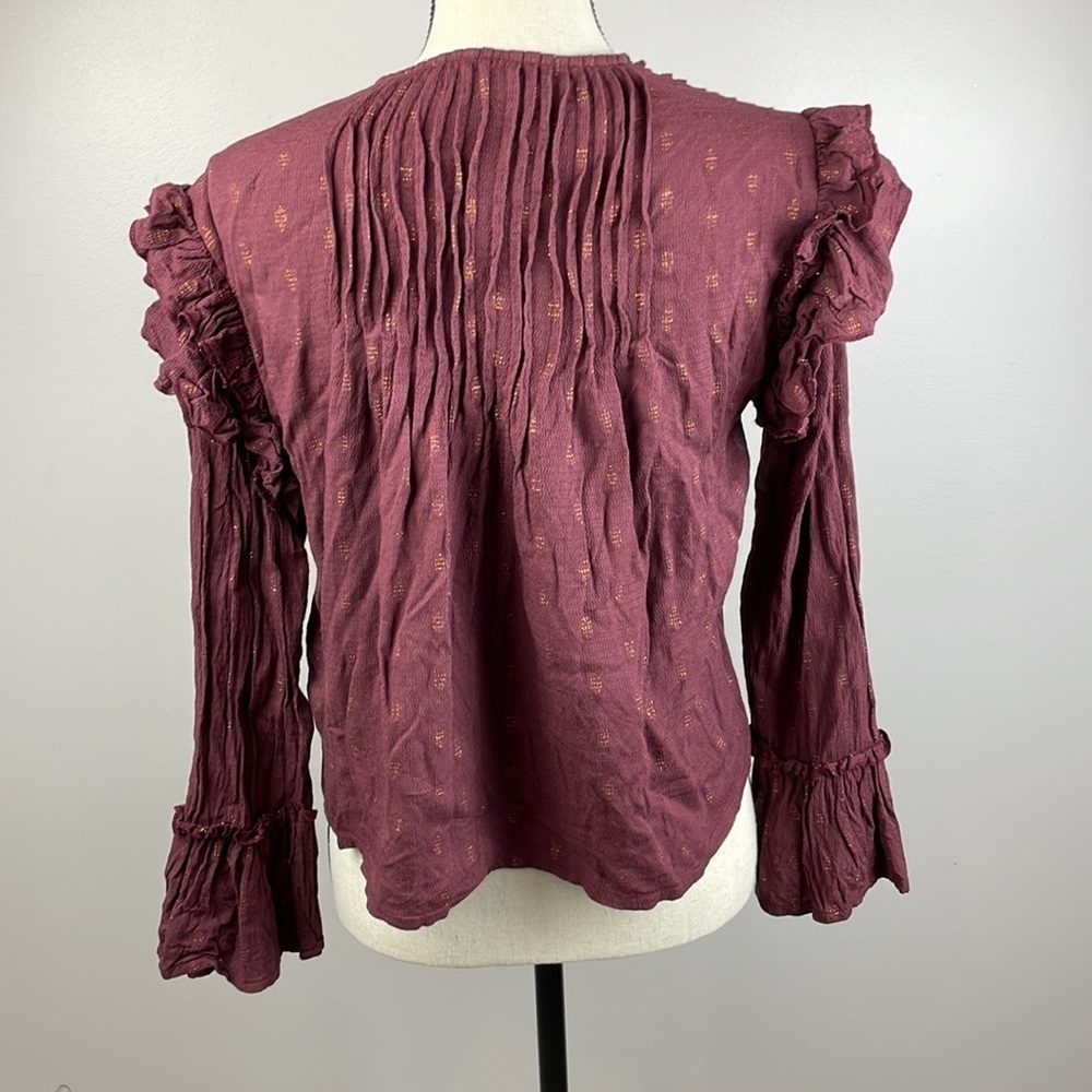 Versona Cropped Blouse SZ S Ruffle Sleeves Maroon with Gold Sparkles - Picture 8 of 11